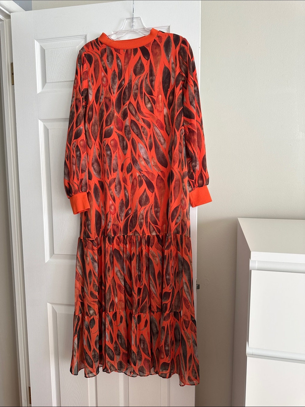 Women's Orange and Brown Patterned Long Sleeve Dress